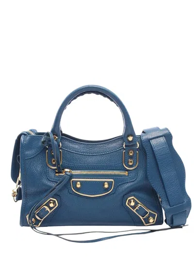 Pre-owned Balenciaga 2010-2026 Mini Embossed Calfskin Motocross Classic City Satchel In Blue