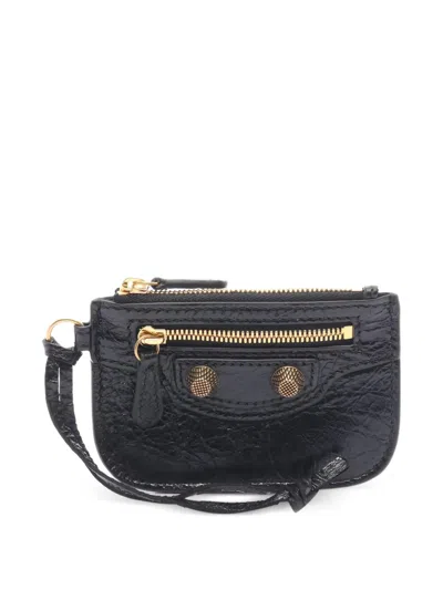 Pre-owned Balenciaga 2010s Cagole Studded Leather Coin Purse In Black