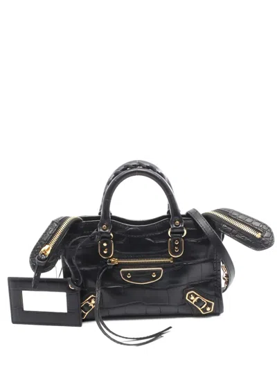 Pre-owned Balenciaga 2010s Mini City Croc-embossed Tote Bag In Black