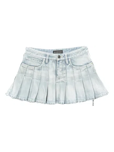 Pre-owned Balenciaga 2010s Pleated Denim Mini Skirt In Blue