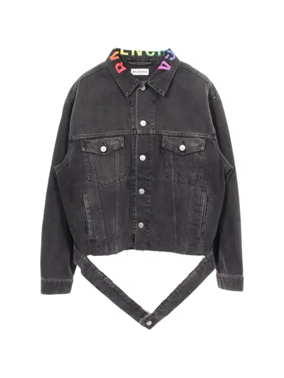 Pre-owned Balenciaga 2010s Rainbow-logo Denim Jacket In Gray