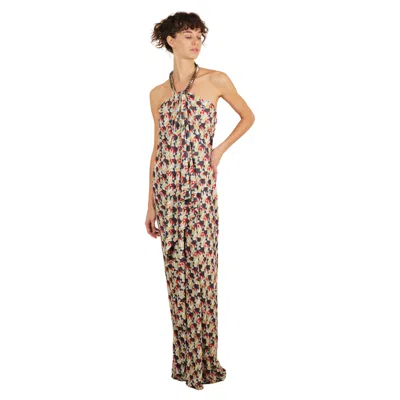 Pre-owned Balenciaga 2011 Gold Chain Halter Neck Draped Column Print Maxi Dress Gown Xs-m In Brown