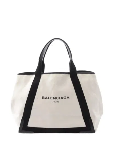 Pre-owned Balenciaga 2012-2025 Canvas Navy Cabas M Tote Bag In White