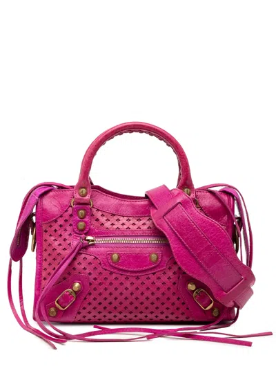 Pre-owned Balenciaga 2013 Mini Lambskin Motocross Stadio Laser Cut Cross Classic City Satchel In Pink