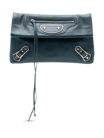 Pre-owned Balenciaga 2014 Chevre Motocross Classic Metallic Edge Envelope Clutch Bag In Blue