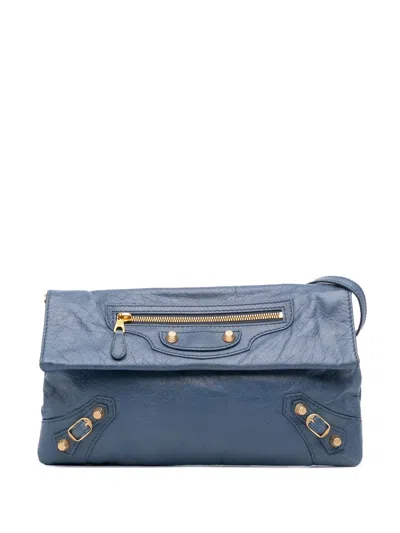 Pre-owned Balenciaga 2014 Lambskin Motocross Giant 12 Envelope Clutch With Strap Crossbody Bag In Blue