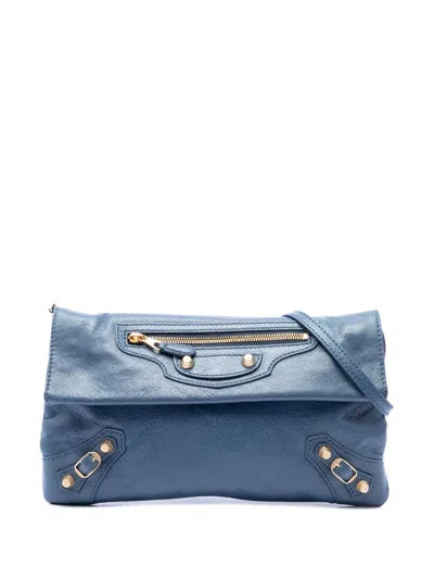 Pre-owned Balenciaga 2014 Lambskin Motocross Giant 12 Envelope Clutch With Strap Crossbody Bag In Blue