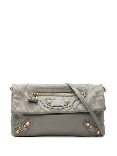 Pre-owned Balenciaga 2014 Lambskin Motocross Giant 12 Envelope Clutch With Strap Crossbody Bag In Gray