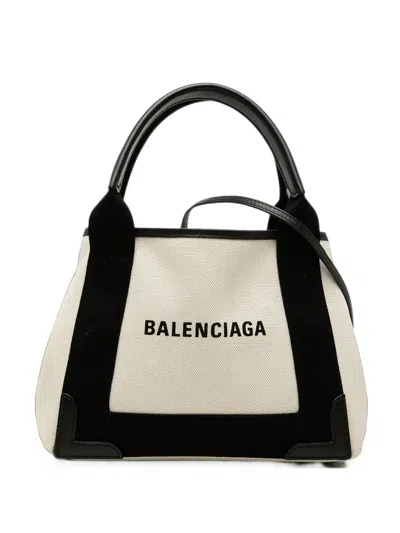 Pre-owned Balenciaga 2014-2015 Canvas Navy Cabas Xs Satchel In Brown