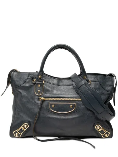 Pre-owned Balenciaga 2015 Chevre Motocross Classic Metallic Edge City Satchel In Blue