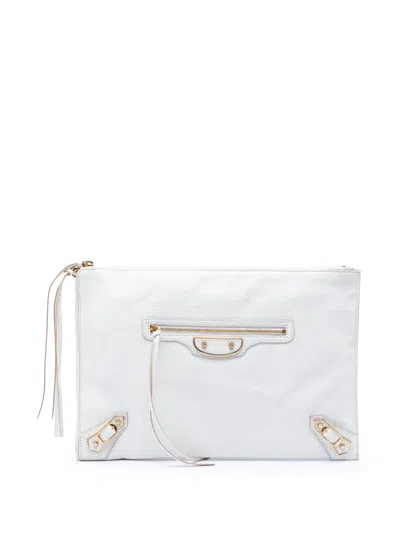 Pre-owned Balenciaga 2015 Chevre Motocross Classic Metallic Edge Clutch Bag In White