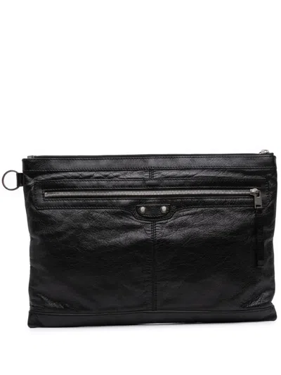 Pre-owned Balenciaga 2015 Lambskin Motocross Classic Clip L Clutch Bag In Black