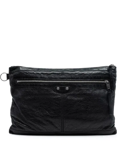 Pre-owned Balenciaga 2015 Lambskin Motocross Classic Clip L Clutch Bag In Black