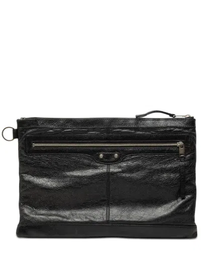 Pre-owned Balenciaga 2015 Lambskin Motocross Classic Clip L Clutch Bag In Black