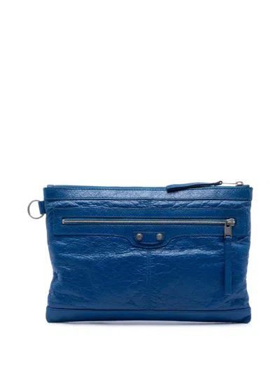 Pre-owned Balenciaga 2015 Lambskin Motocross Classic Clip M Clutch Bag In Blue