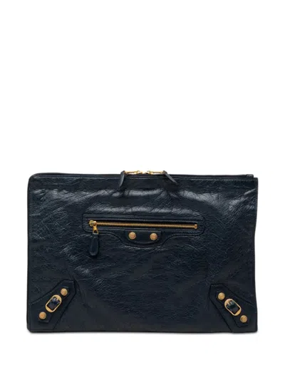 Pre-owned Balenciaga 2015 Lambskin Motocross Giant 12 Zip Around Flat Clutch Bag In Blue