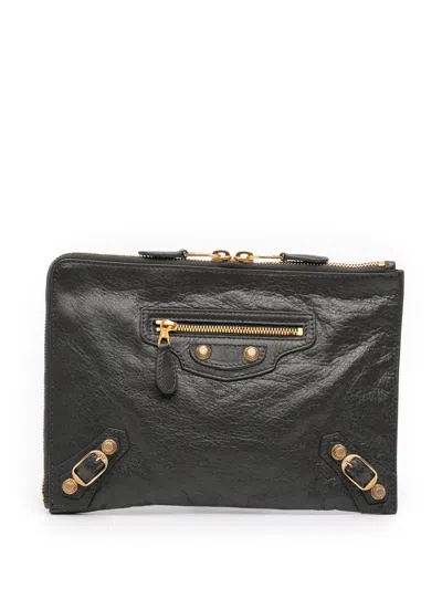 Pre-owned Balenciaga 2015 Lambskin Motocross Giant 12 Zip Around Flat Clutch Bag In Gray