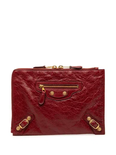 Pre-owned Balenciaga 2015 Lambskin Motocross Giant 12 Zip Around Flat Clutch Bag In Red