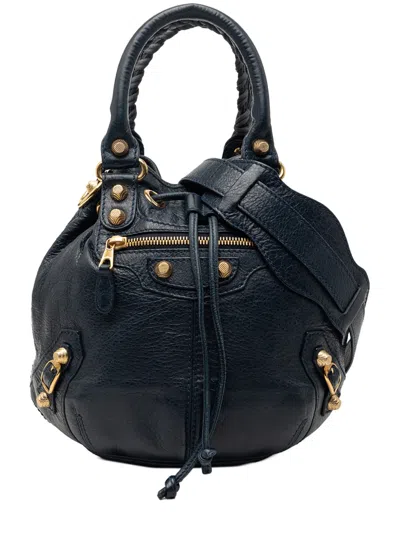 Pre-owned Balenciaga 2015 Mini Lambskin Motocross Giant 12 Pompon Bag Satchel In Blue