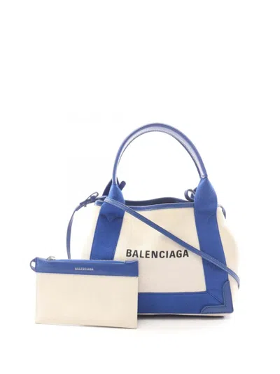 Pre-owned Balenciaga 2015-2026 Canvas Navy Cabas Xs Satchel In White