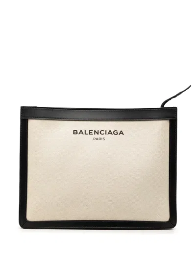 Pre-owned Balenciaga 2016 Canvas Navy Clutch Bag In Brown