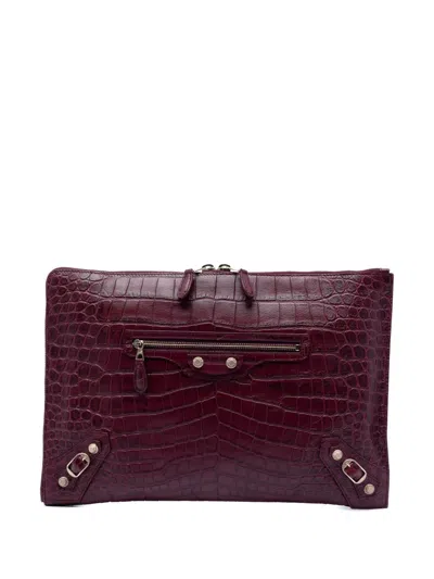 Pre-owned Balenciaga 2016 Croc Embossed Calfskin Motocross Giant 12 Zip Around Flat Clutch Bag In Red