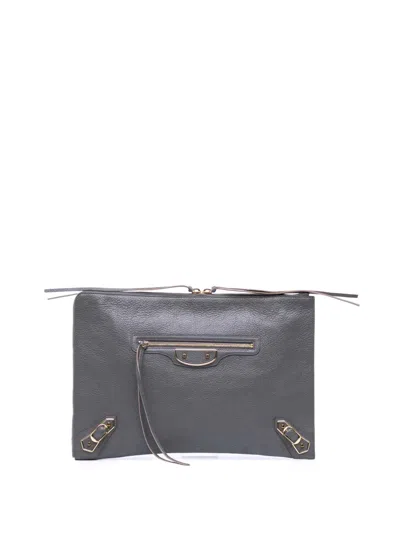 Pre-owned Balenciaga 2016 Goatskin Motocross Classic Metallic Edge Clutch Bag In Gray
