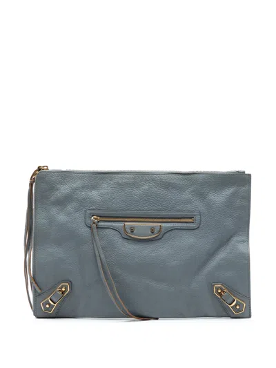 Pre-owned Balenciaga 2016 Goatskin Motocross Classic Metallic Edge Clutch Bag In Gray