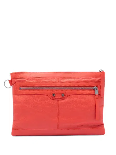 Pre-owned Balenciaga 2016 Lambskin Motocross Classic Clip M Clutch Bag In Orange