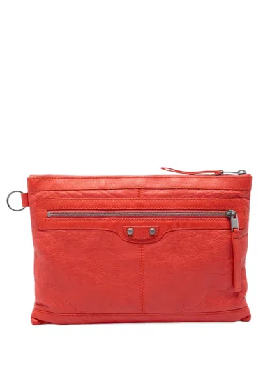Pre-owned Balenciaga 2016 Lambskin Motocross Classic Clip M Clutch Bag In Orange