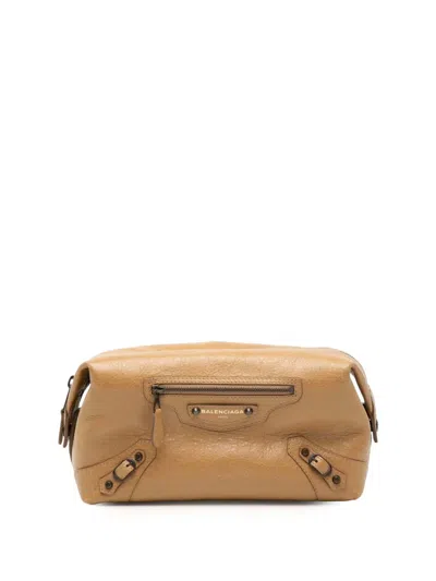 Pre-owned Balenciaga 2016 Lambskin Motocross Classic Toiletry Pouch In Brown