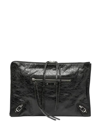 Pre-owned Balenciaga 2016 Lambskin Motocross Classic Zip Around Flat Clutch Bag In Black