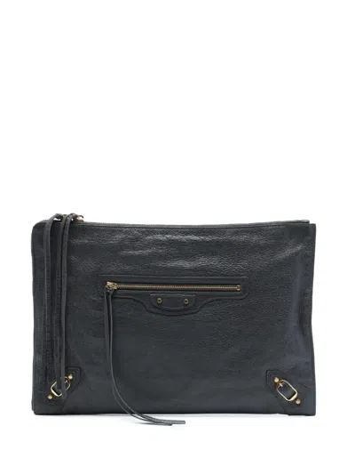 Pre-owned Balenciaga 2016 Lambskin Motocross Classic Zip Around Flat Clutch Bag In Grey