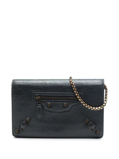 Pre-owned Balenciaga 2016 Lambskin Motocross Giant 12 Wallet On Chain Crossbody Bag In Grey