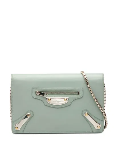 Pre-owned Balenciaga 2016 Leather Metal Plate City Wallet On Chain Crossbody Bag In Green