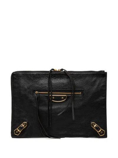 Pre-owned Balenciaga 2016 Medium Goatskin Motocross Classic Metallic Edge Clutch Bag In Black