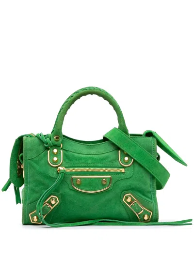 Pre-owned Balenciaga 2016 Mini Suede Motocross Classic Metallic Edge City Satchel In Green