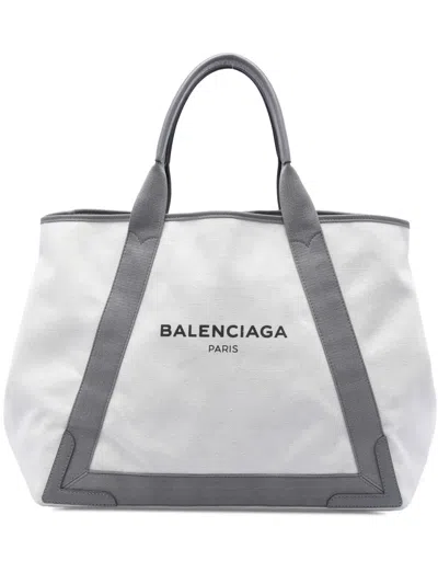 Pre-owned Balenciaga 2017 Canvas Navy Cabas M Tote Bag In White