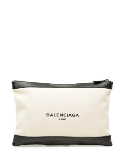 Pre-owned Balenciaga 2017 Canvas Navy Clip M Clutch Bag In Brown