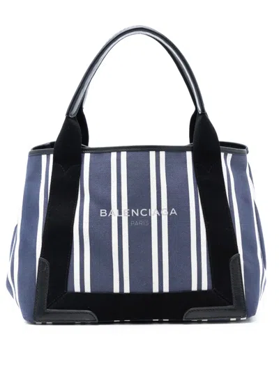 Pre-owned Balenciaga 2017 Canvas Striped Navy Cabas S Tote Bag In Blue