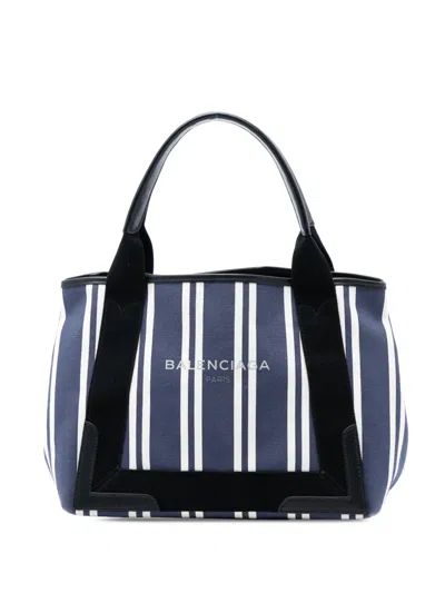 Pre-owned Balenciaga 2017 Canvas Striped Navy Cabas S Tote Bag In Blue