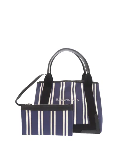 Pre-owned Balenciaga 2017 Canvas Striped Navy Cabas S Tote Bag In Blue
