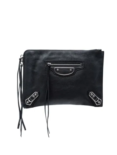 Pre-owned Balenciaga 2017 Chevre Motocross Classic Metallic Edge Clutch Bag In Black