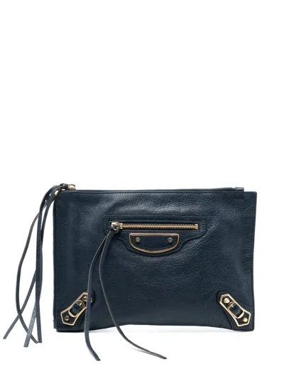 Pre-owned Balenciaga 2017 Chevre Motocross Classic Metallic Edge Clutch Bag In Blue