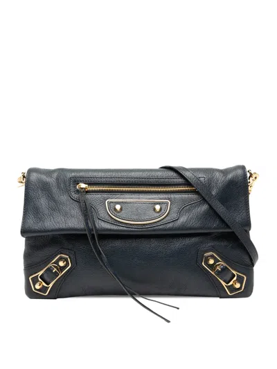 Pre-owned Balenciaga 2017 Chevre Motocross Classic Metallic Edge Envelope Clutch With Strap Crossbody Bag In Blue