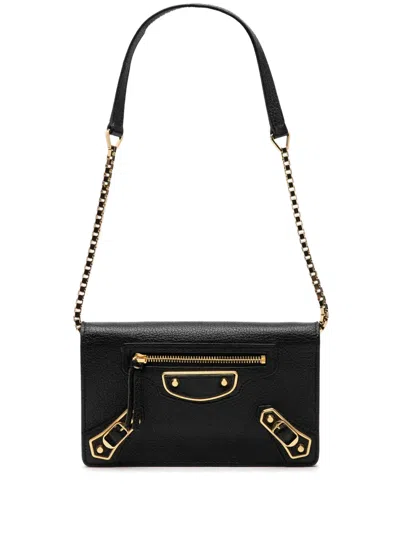 Pre-owned Balenciaga 2017 Chevre Motocross Metallic Edge Trifold Wallet On Chain Shoulder Bag In Black