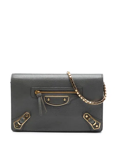 Pre-owned Balenciaga 2017 Chevre Motocross Metallic Edge Wallet On Chain Crossbody Bag In Gray