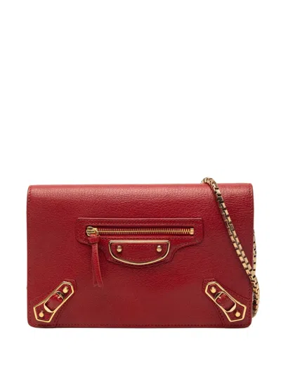 Pre-owned Balenciaga 2017 Chevre Motocross Metallic Edge Wallet On Chain Crossbody Bag In Red