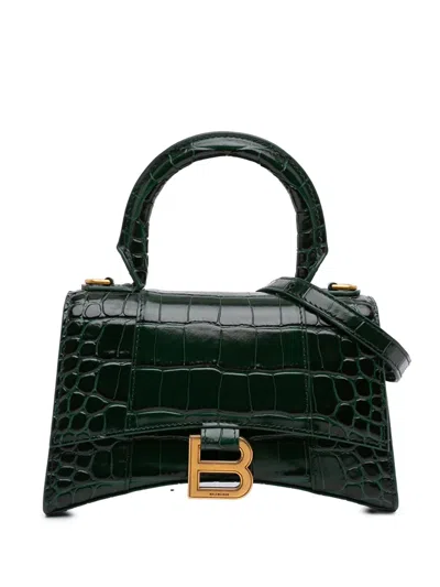 Pre-owned Balenciaga 2017 Croc Embossed Leather Hourglass Top Handle Bag Xs Satchel In Green