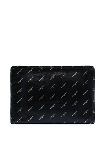 Pre-owned Balenciaga 2017 Lambskin Allover Logo Zip Pouch Clutch Bag In Black